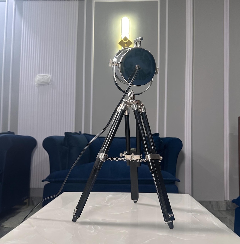 Chrome Spotlight on Black Wooden Tripod view 8