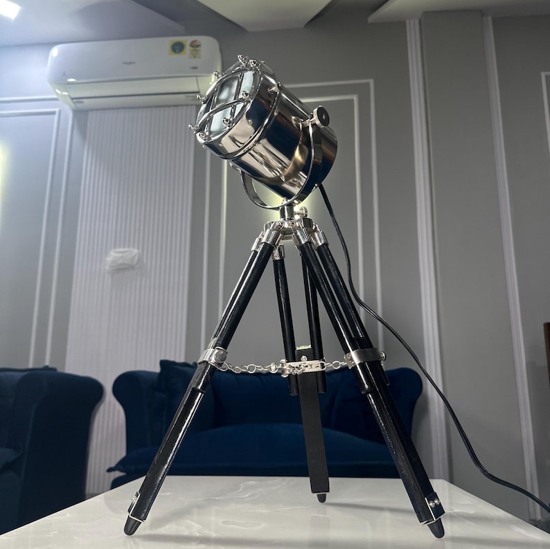Chrome Spotlight on Black Wooden Tripod view 9