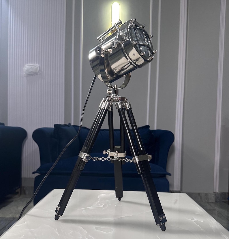 Chrome Spotlight on Black Wooden Tripod view 10