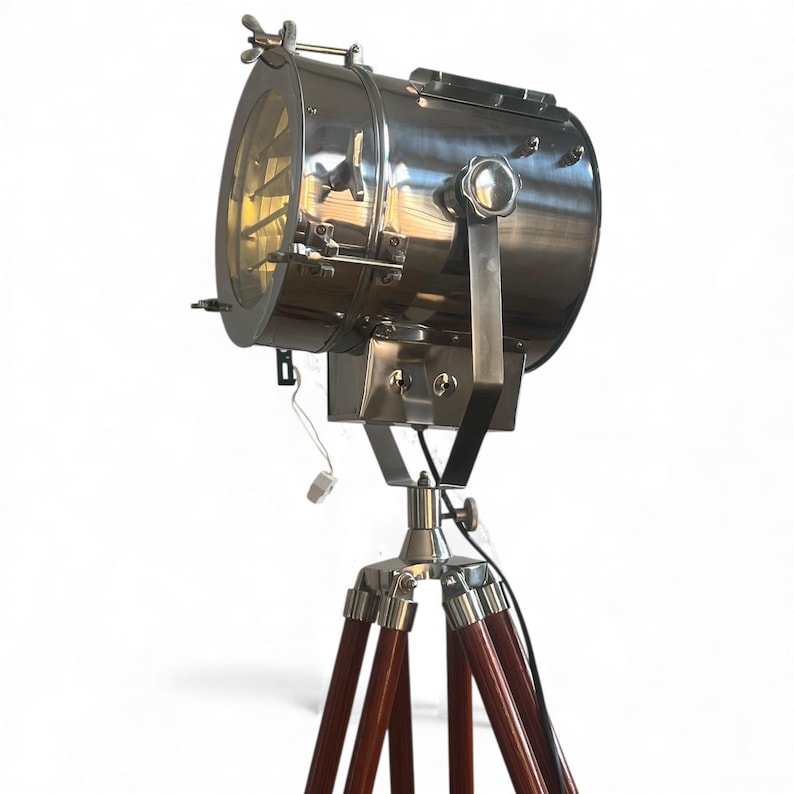 Chrome Spotlight on Wooden Tripod view 2