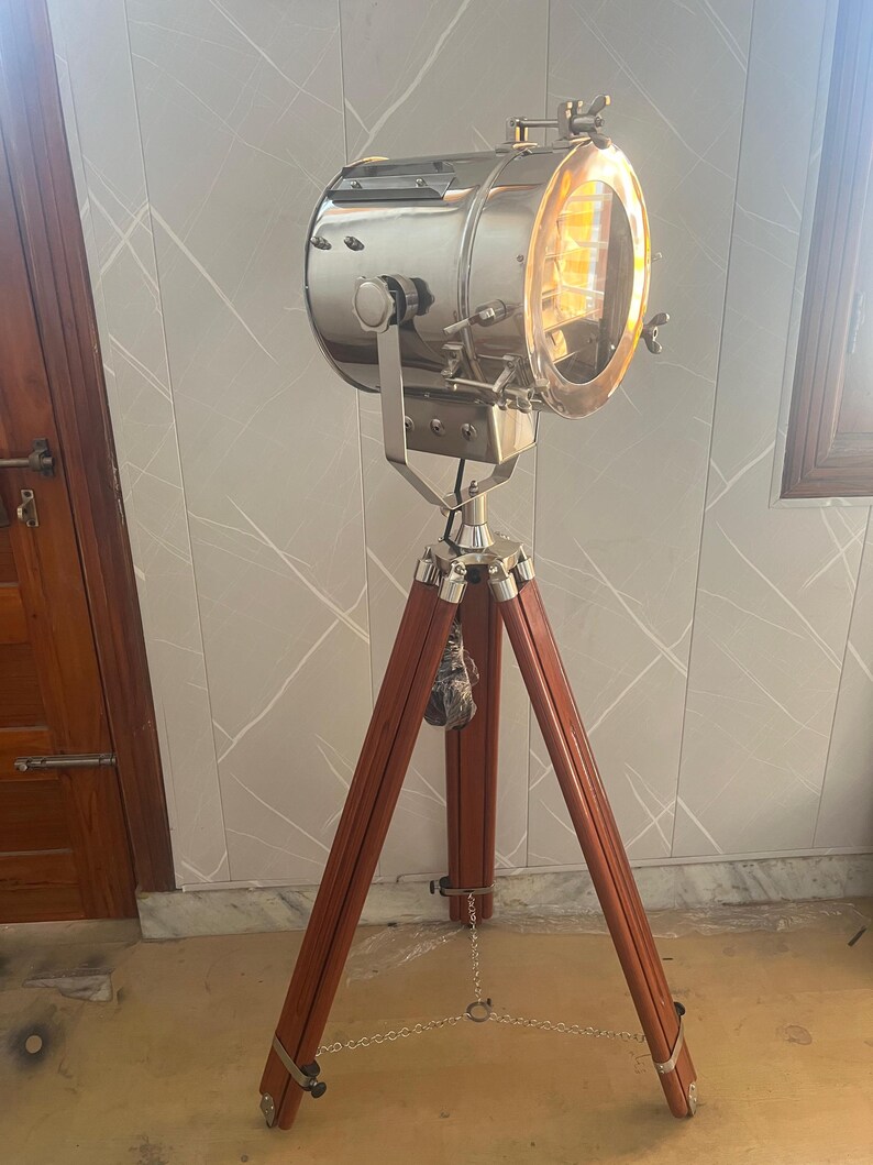 Chrome Spotlight on Wooden Tripod view 6