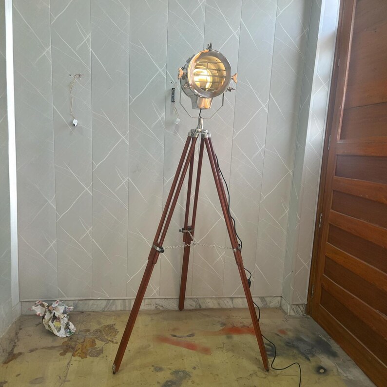 Chrome Spotlight on Wooden Tripod view 10