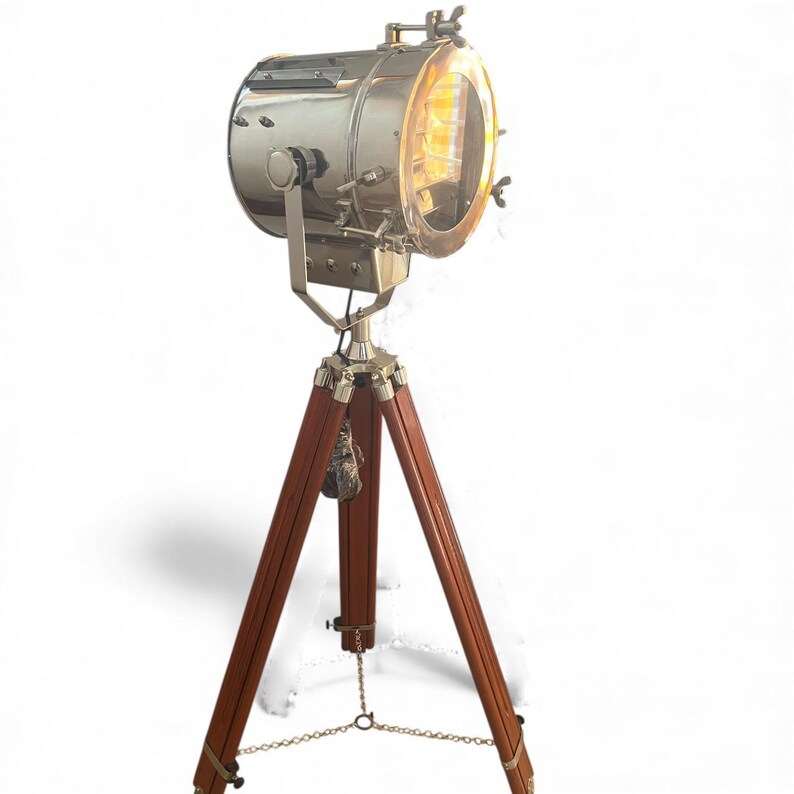 Chrome Spotlight on Wooden Tripod view 11