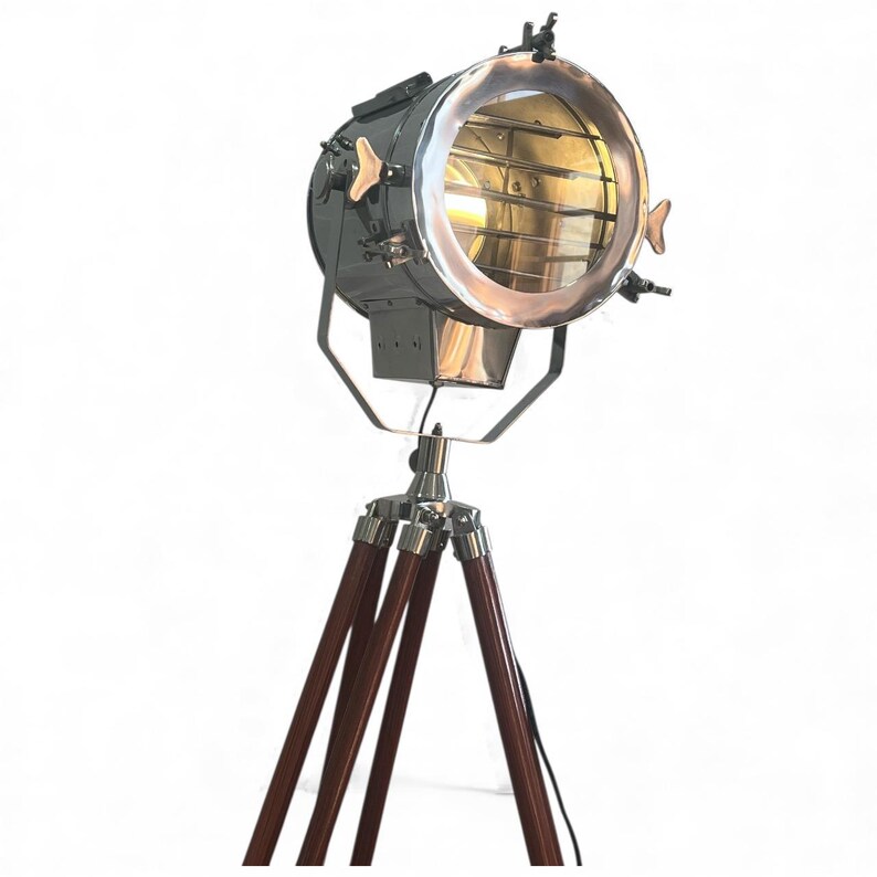 Chrome Spotlight on Wooden Tripod view 12