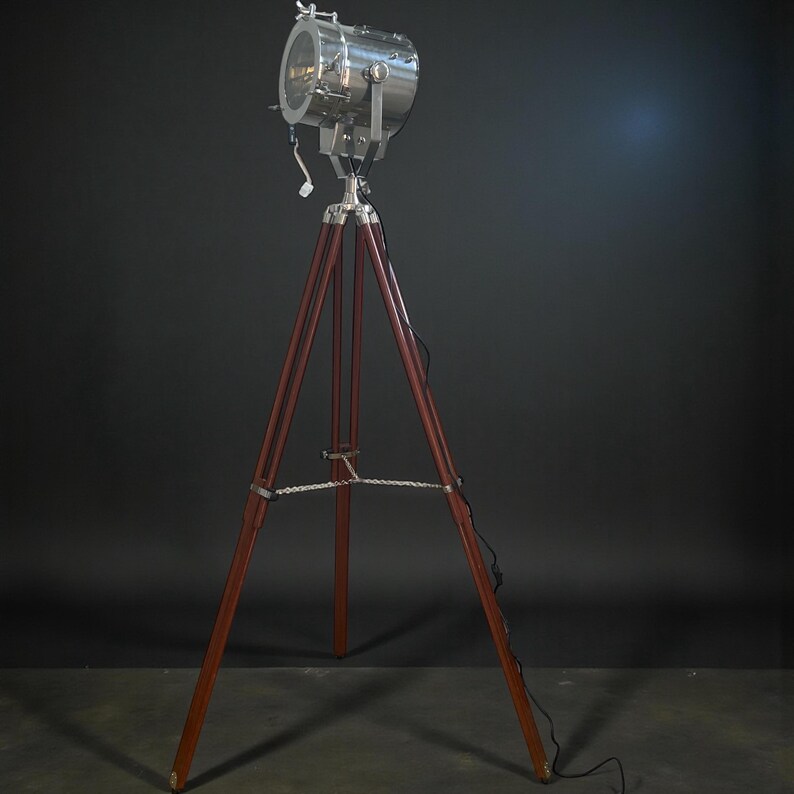 Chrome Spotlight on Wooden Tripod view 13