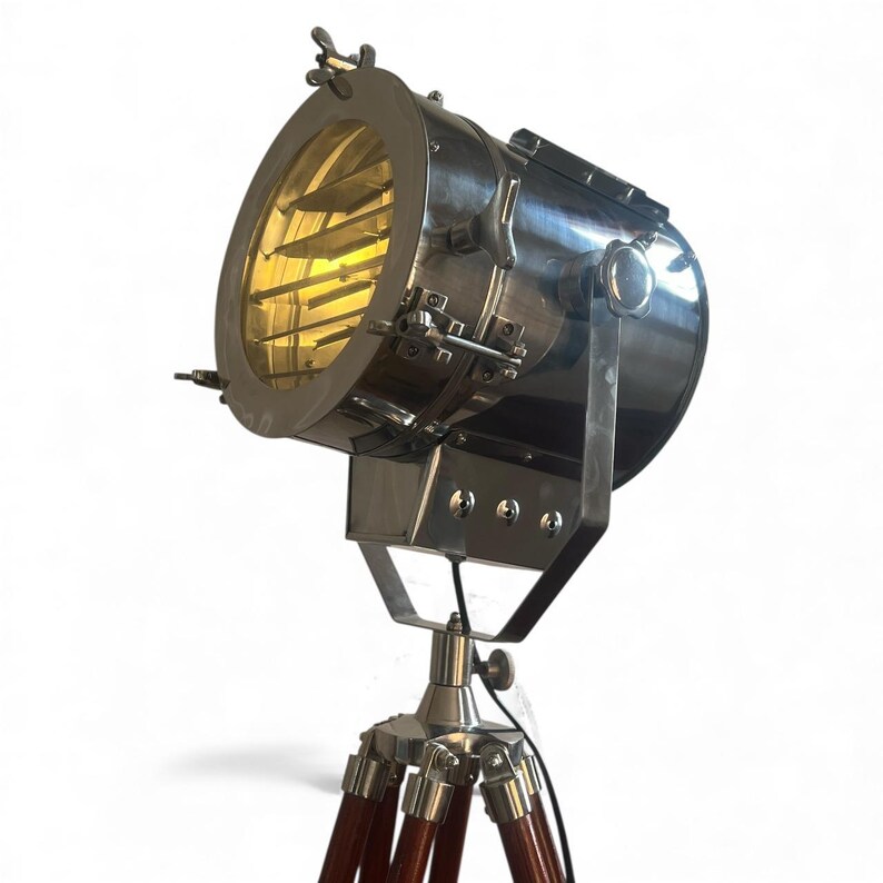 Chrome Spotlight on Wooden Tripod view 14