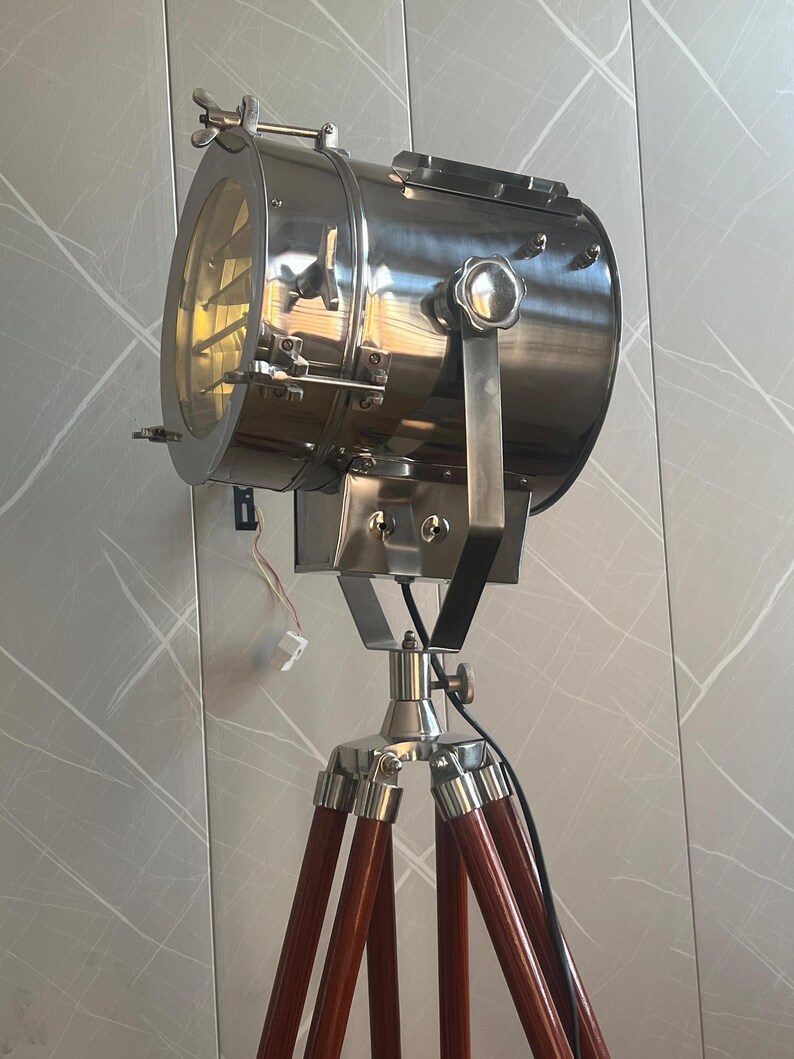 Chrome Spotlight on Wooden Tripod view 16