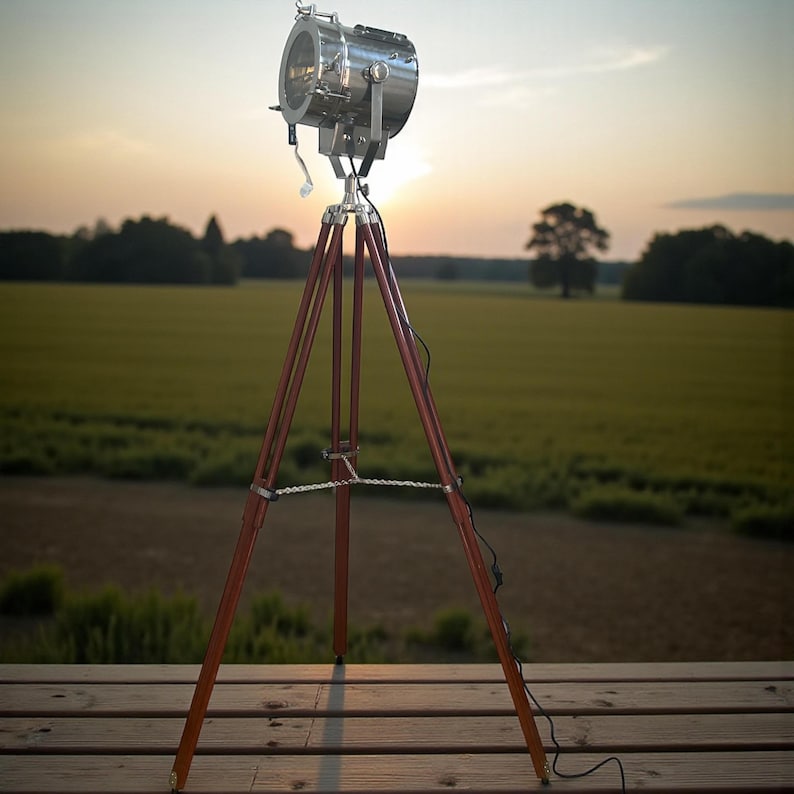 Chrome Spotlight on Wooden Tripod view 17