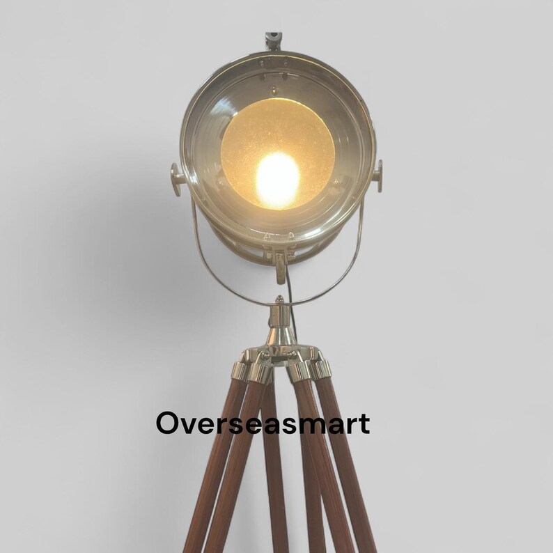 Chrome Spotlight on Wooden Tripod view 2