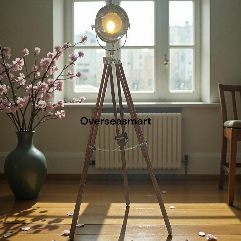 Chrome Spotlight on Wooden Tripod view 3