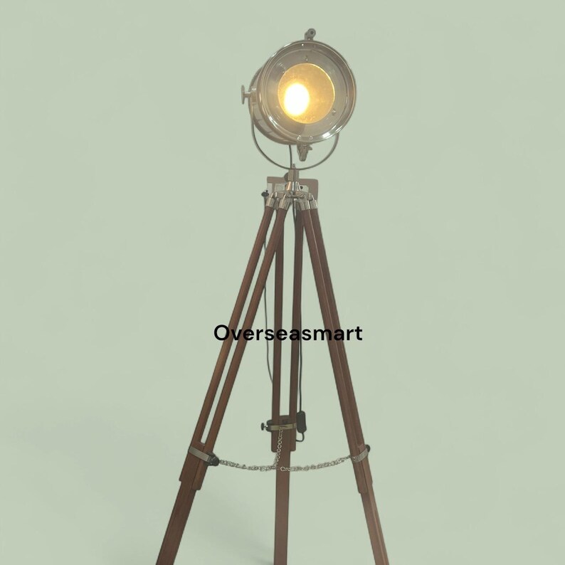 Chrome Spotlight on Wooden Tripod view 4
