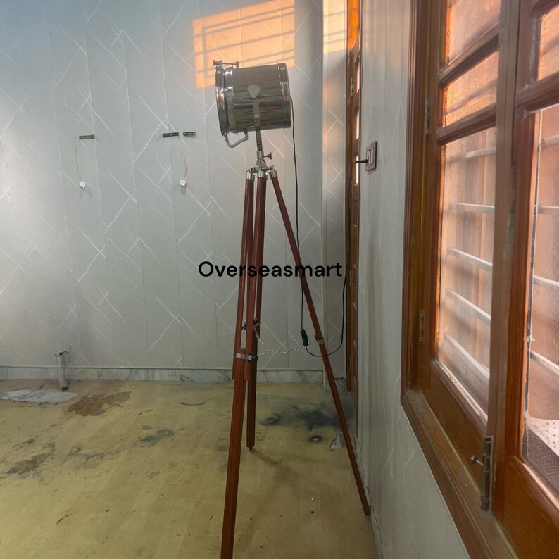 Chrome Spotlight on Wooden Tripod view 10