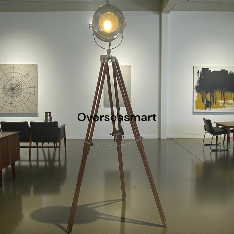 Chrome Spotlight on Wooden Tripod view 12