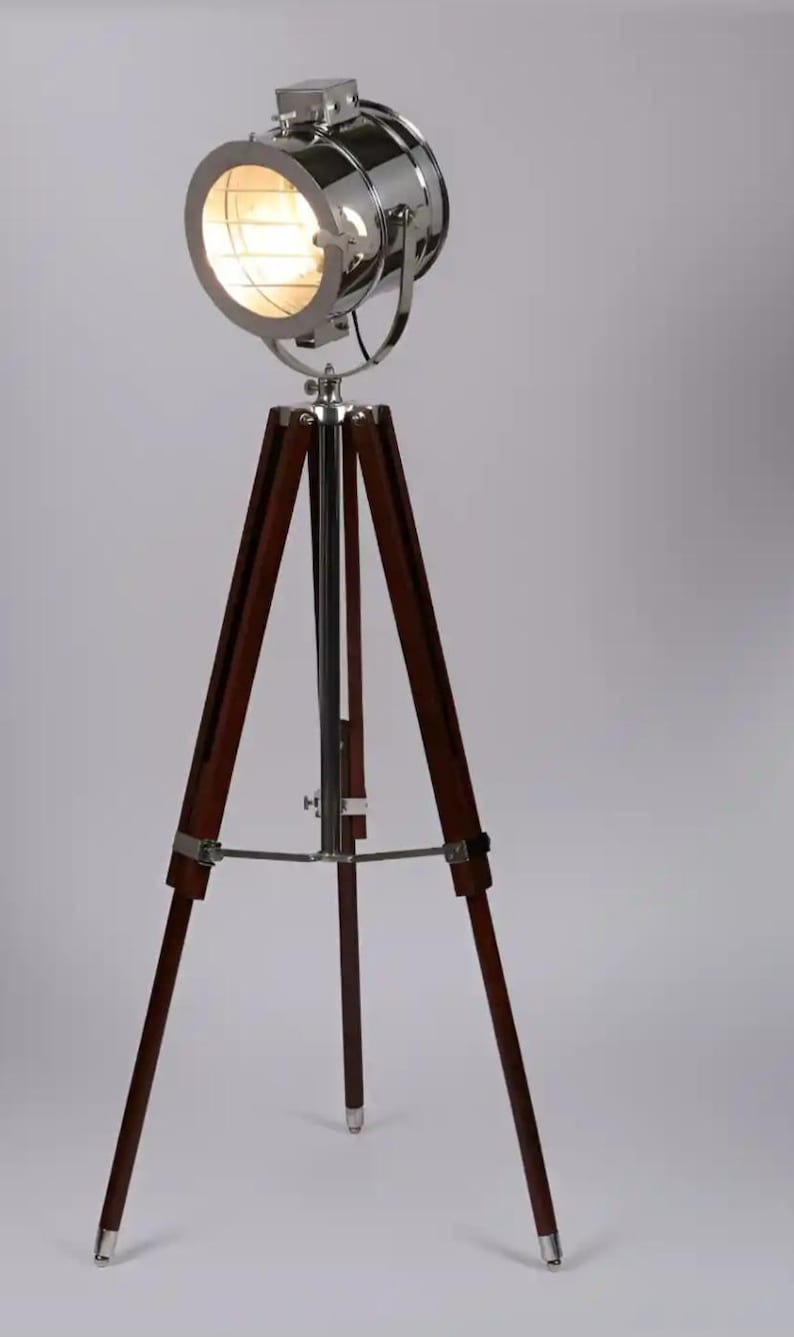 Chrome Spotlight on Wooden Tripod view 3