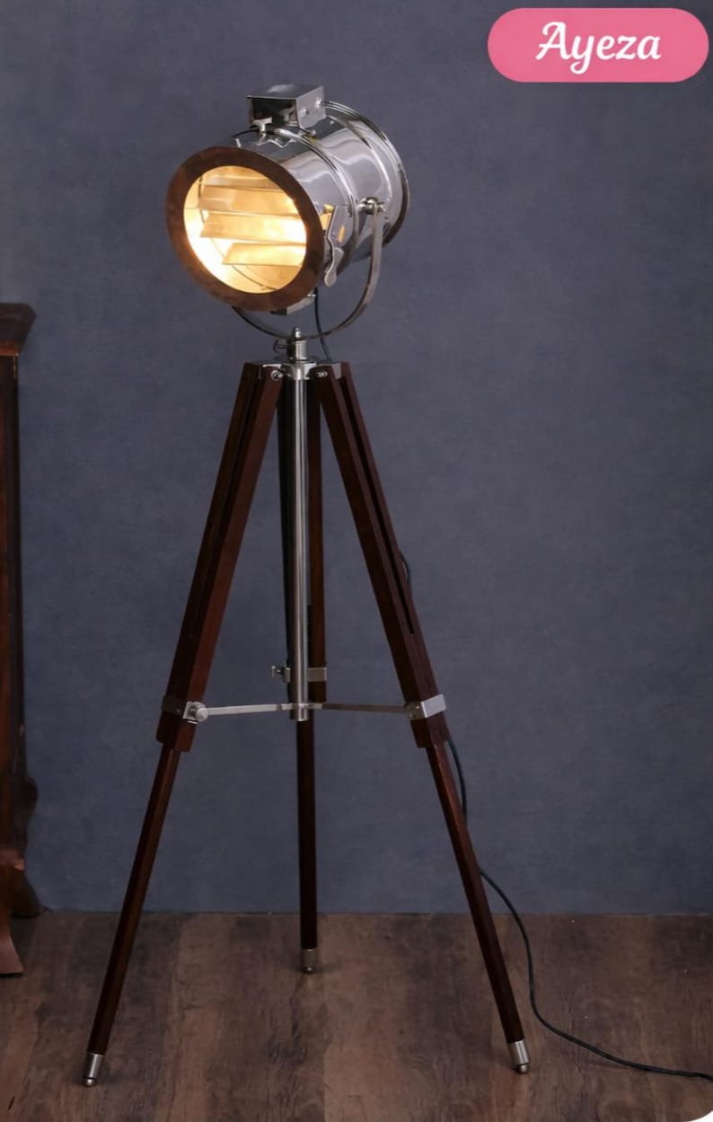 Chrome Spotlight on Wooden Tripod view 6
