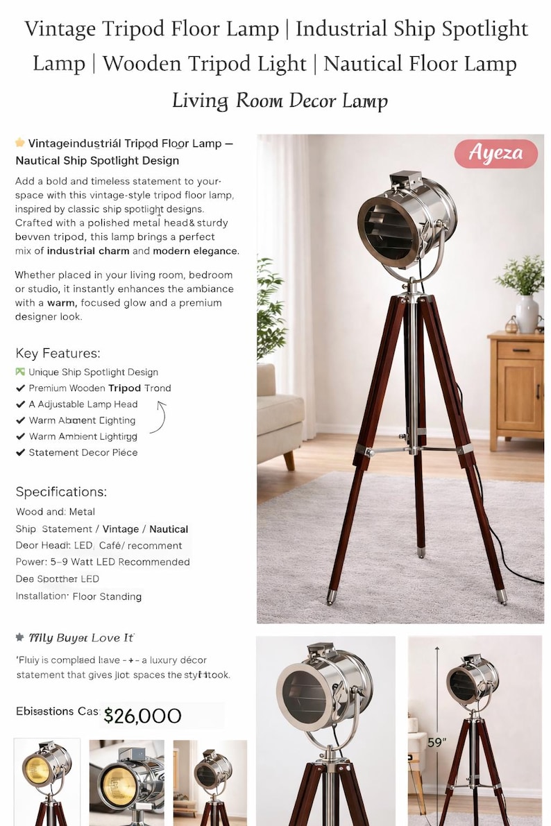 Chrome Spotlight on Wooden Tripod view 7