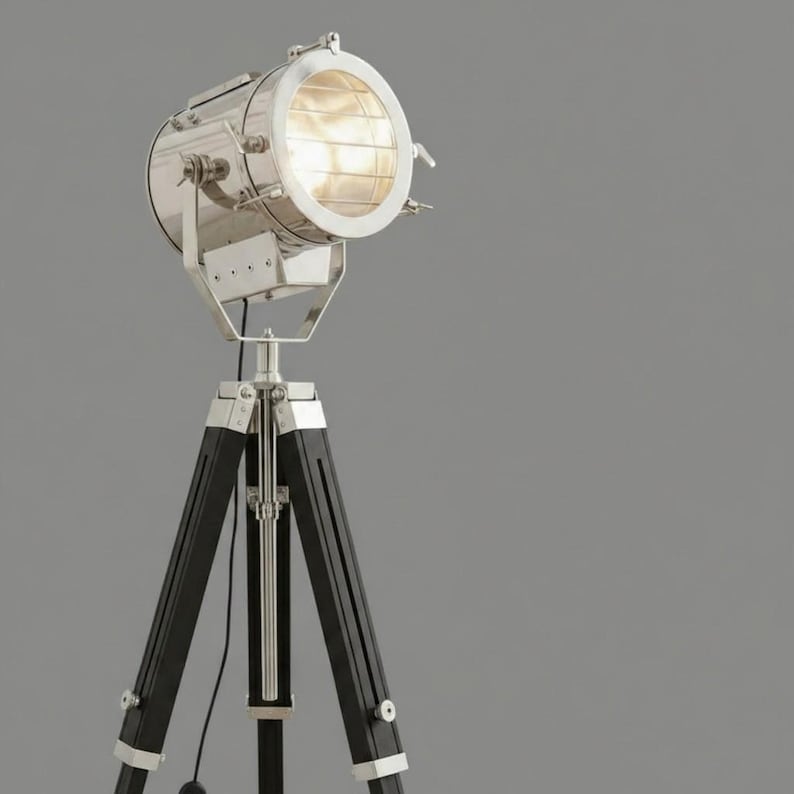 Chrome Spotlight on Black Wooden Tripod view 4