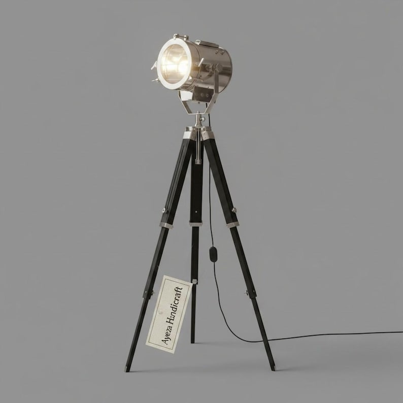 Chrome Spotlight on Black Wooden Tripod view 6