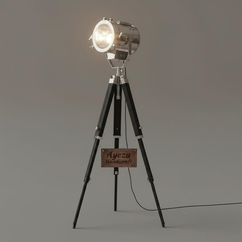Chrome Spotlight on Black Wooden Tripod view 10