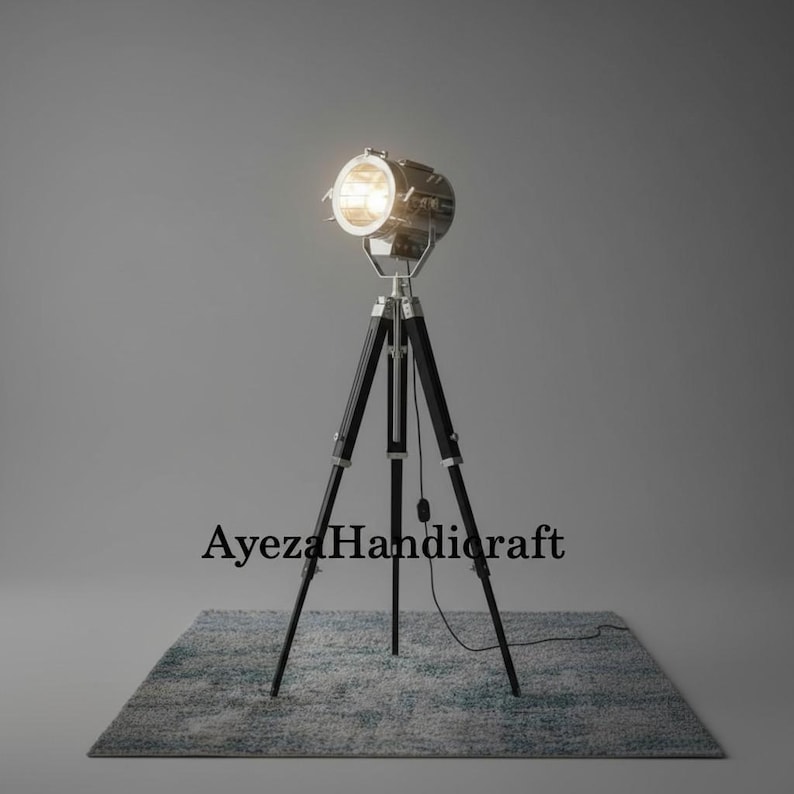Chrome Spotlight on Black Wooden Tripod view 11