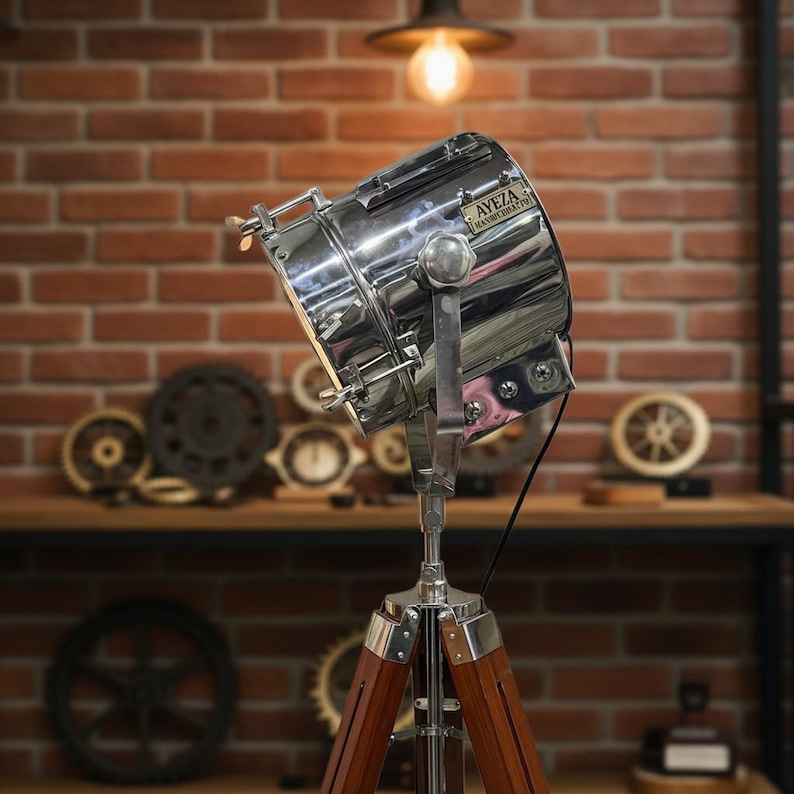 Chrome Spotlight on Wooden Tripod view 2