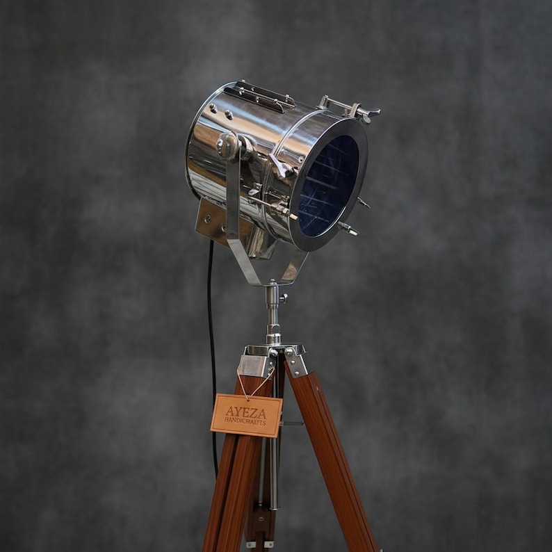 Chrome Spotlight on Wooden Tripod view 3