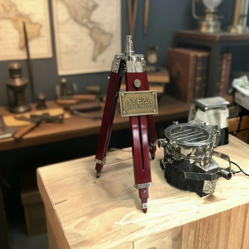 Chrome Spotlight on Wooden Tripod view 4