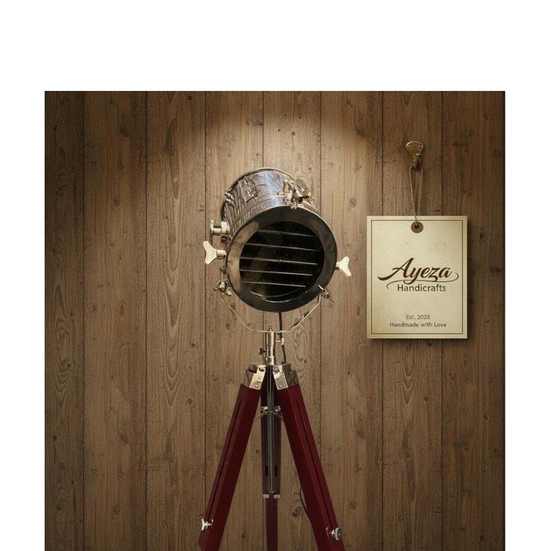 Chrome Spotlight on Wooden Tripod view 5