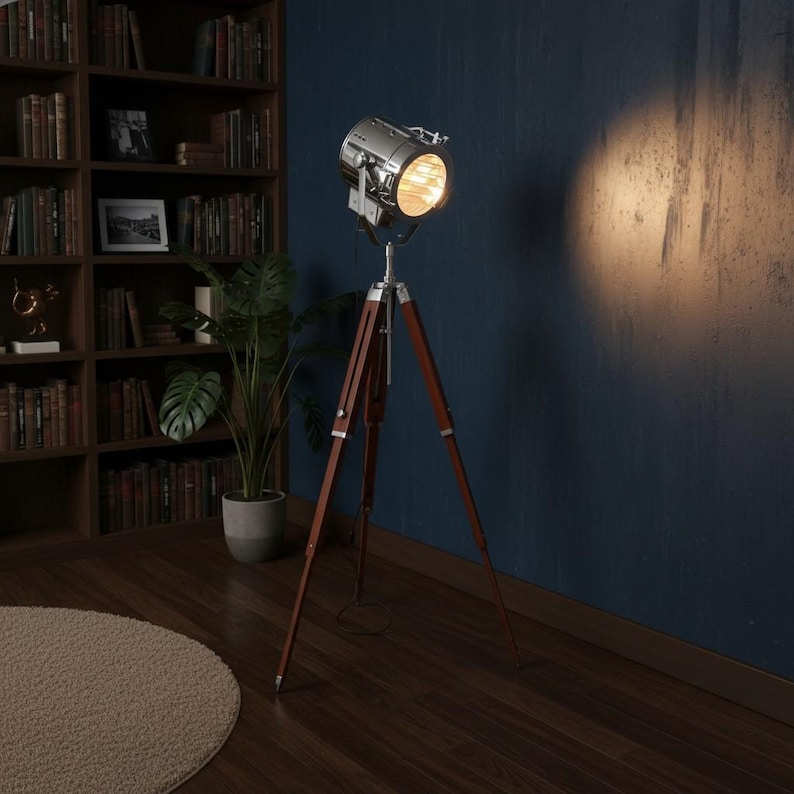 Chrome Spotlight on Wooden Tripod view 6
