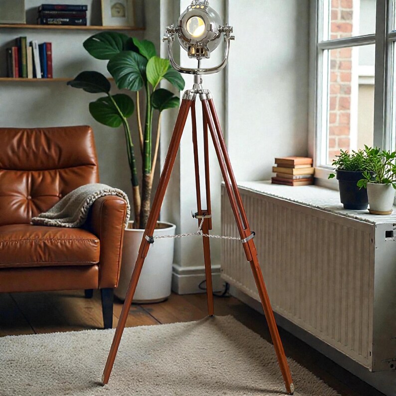 Chrome Spotlight on Wooden Tripod view 4