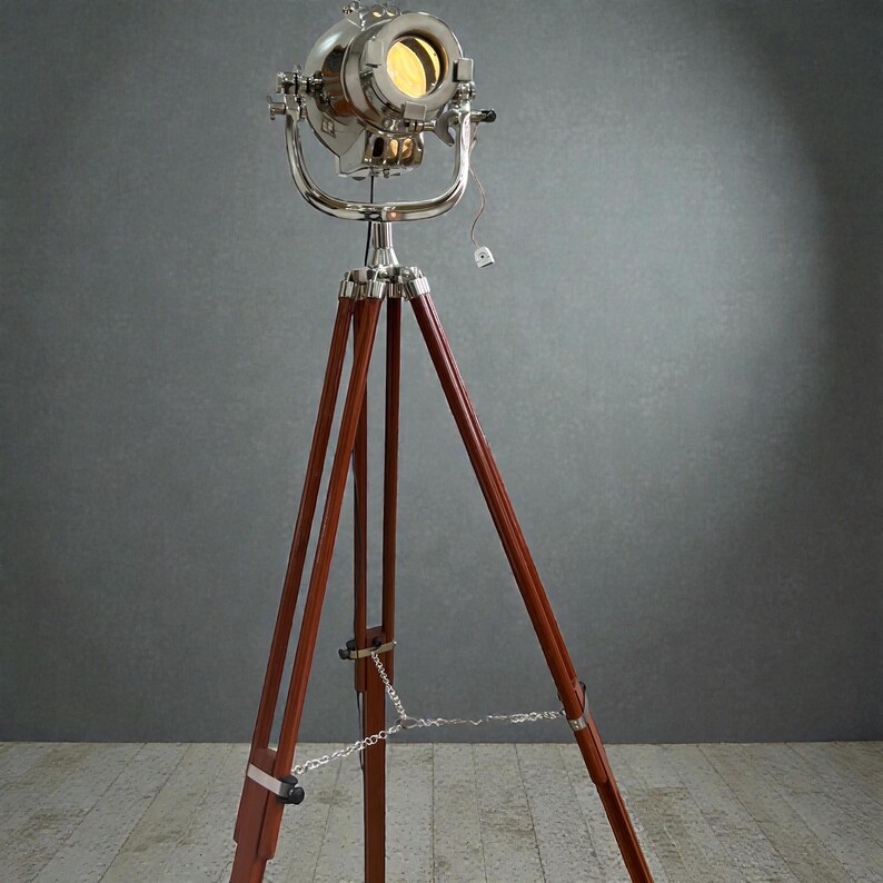 Chrome Spotlight on Wooden Tripod view 8