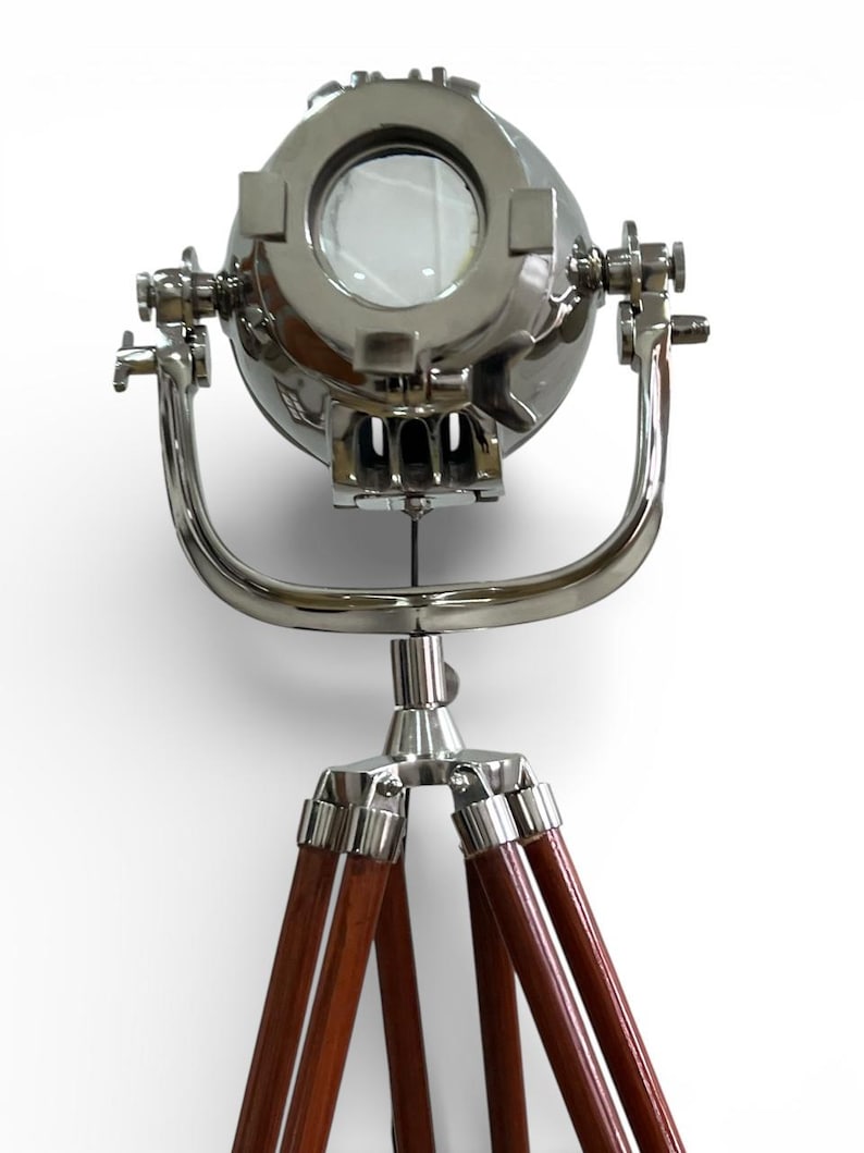 Chrome Spotlight on Wooden Tripod view 10