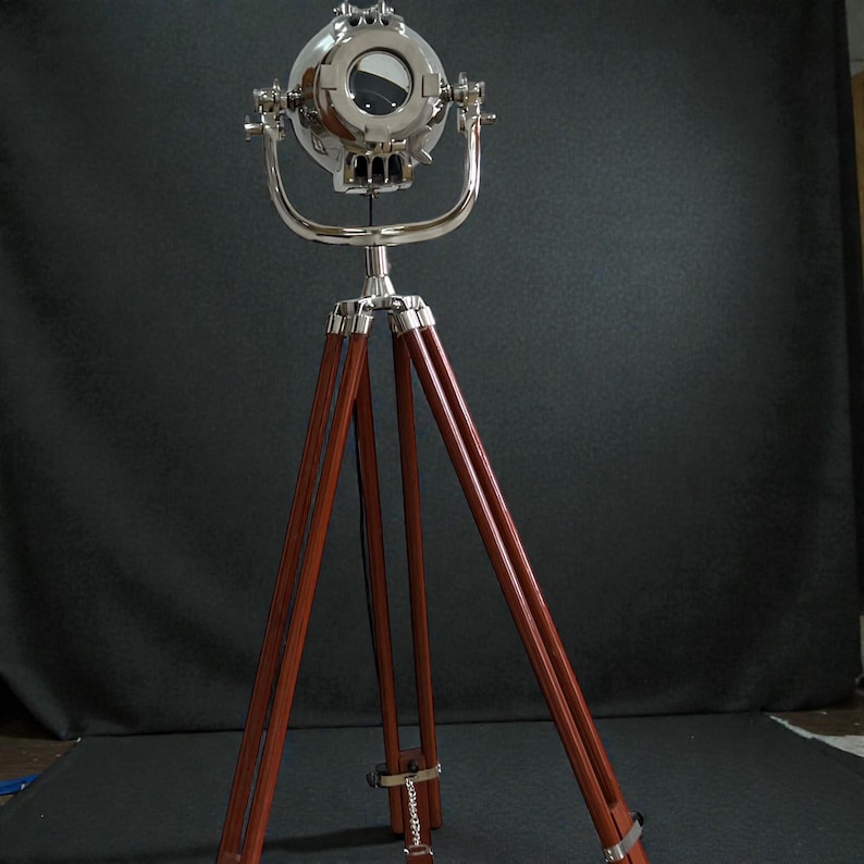Chrome Spotlight on Wooden Tripod view 11