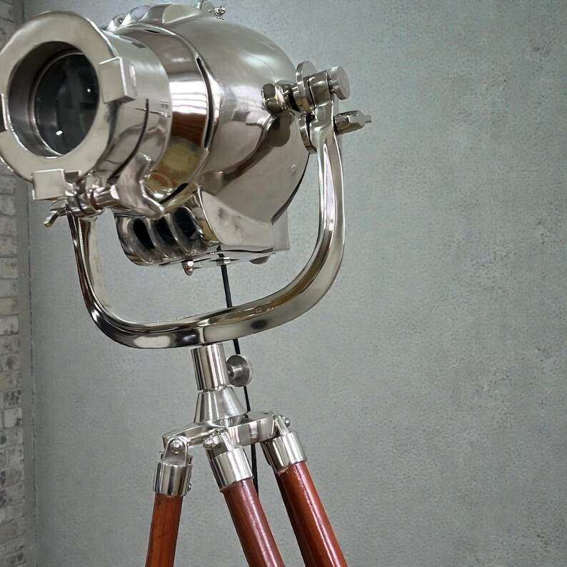 Chrome Spotlight on Wooden Tripod view 15