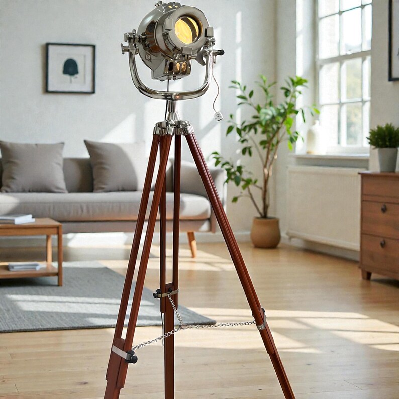 Chrome Spotlight on Wooden Tripod view 18