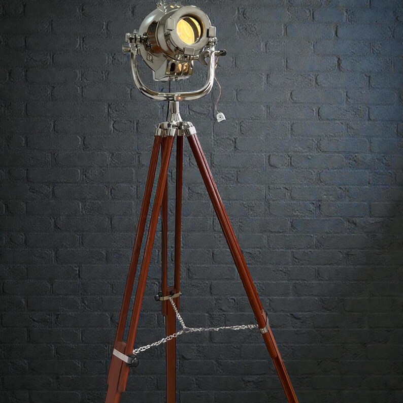 Chrome Spotlight on Wooden Tripod view 19