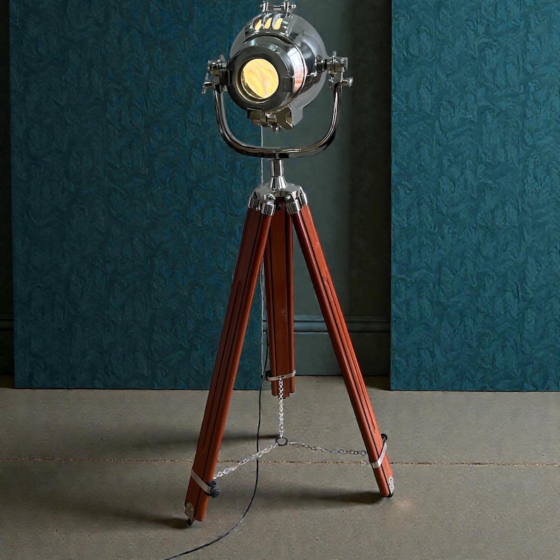 Chrome Spotlight on Wooden Tripod view 20