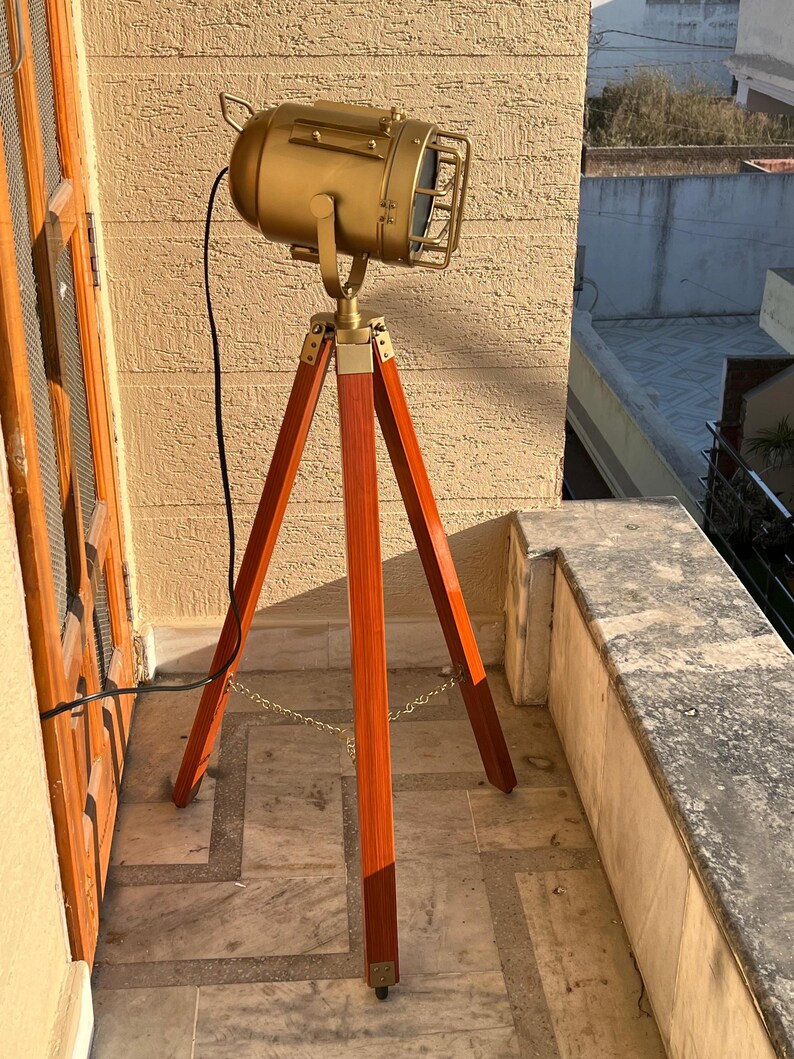 Antique Finish Spotlight on Reddish Wooden Tripod view 3