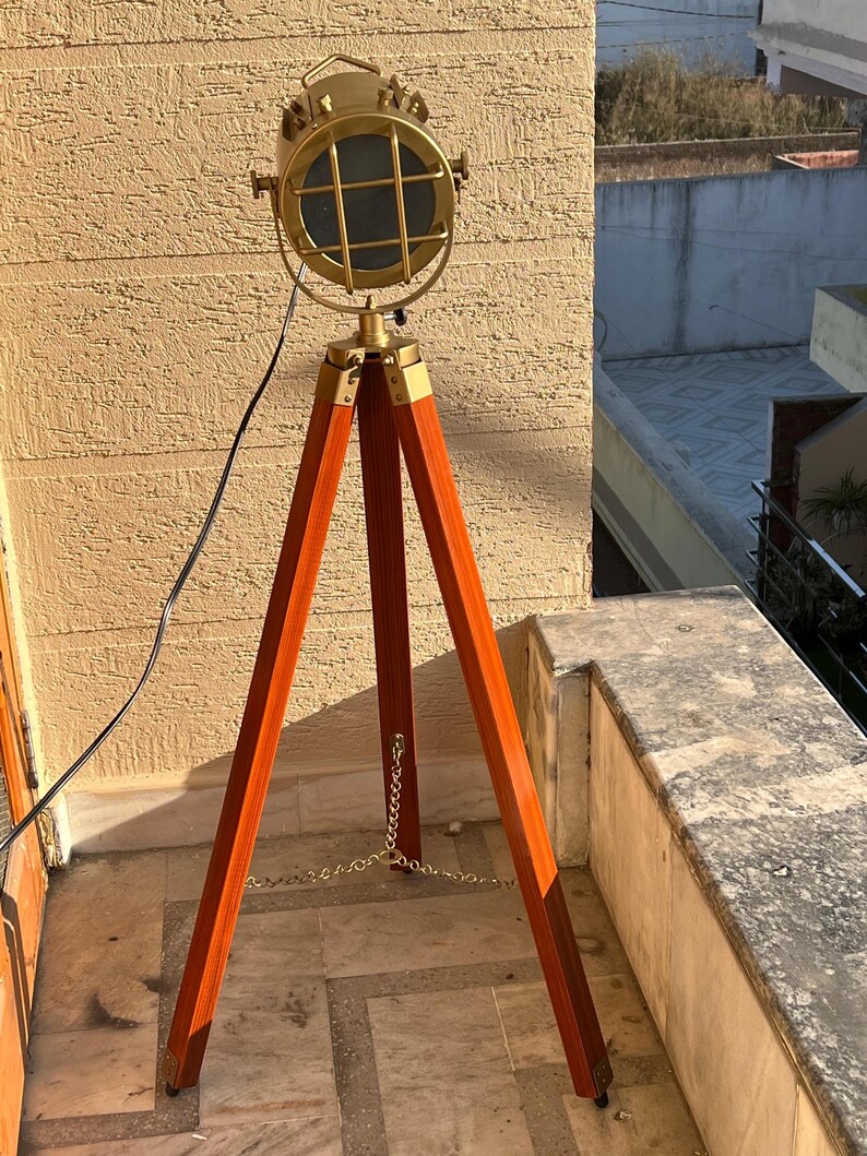 Antique Finish Spotlight on Reddish Wooden Tripod view 4