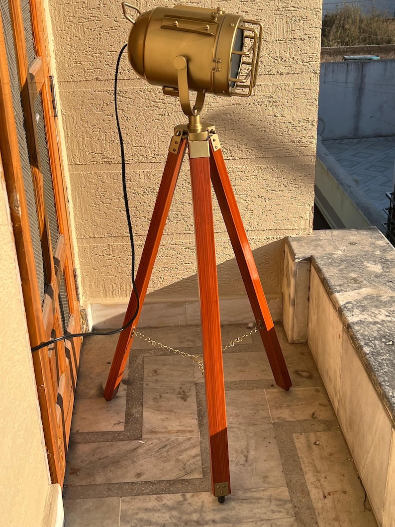 Antique Finish Spotlight on Reddish Wooden Tripod view 8