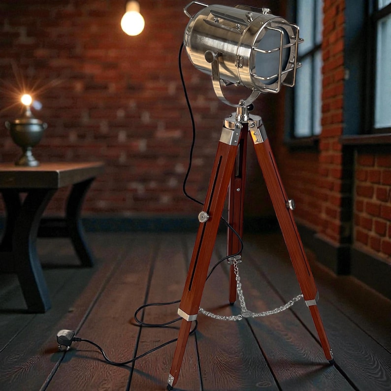 Chrome Spotlight on Wooden Tripod view 3