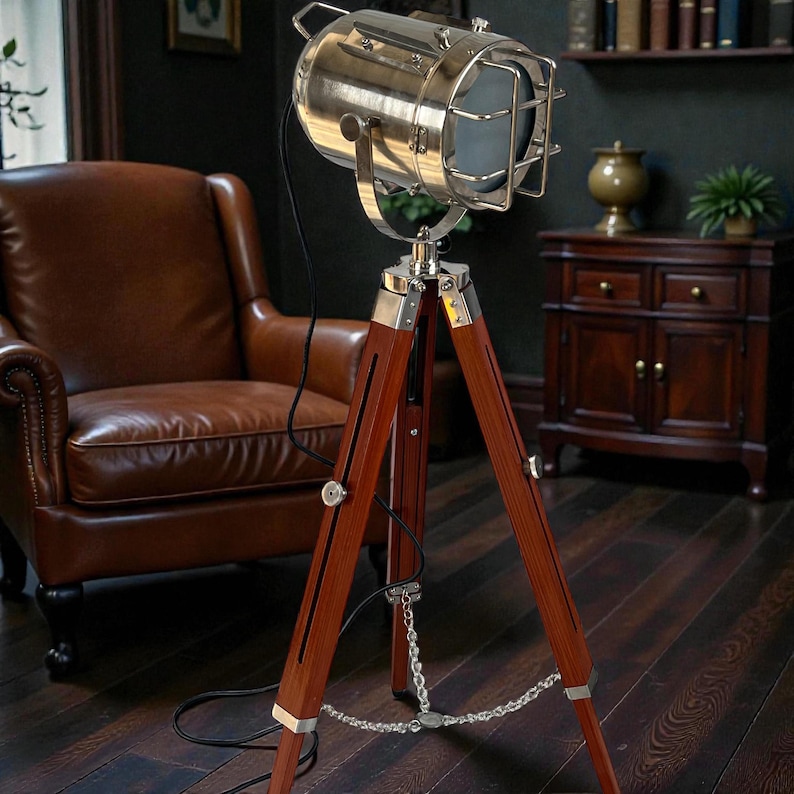 Chrome Spotlight on Wooden Tripod view 4
