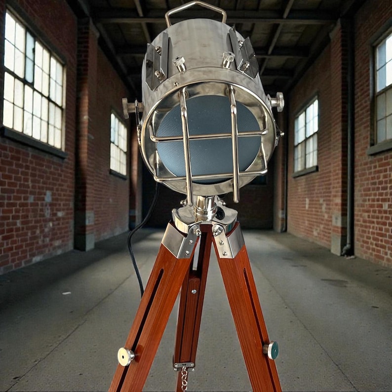 Chrome Spotlight on Wooden Tripod view 5