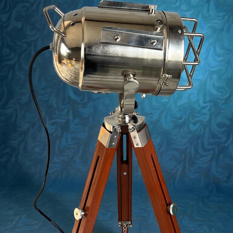 Chrome Spotlight on Wooden Tripod view 6
