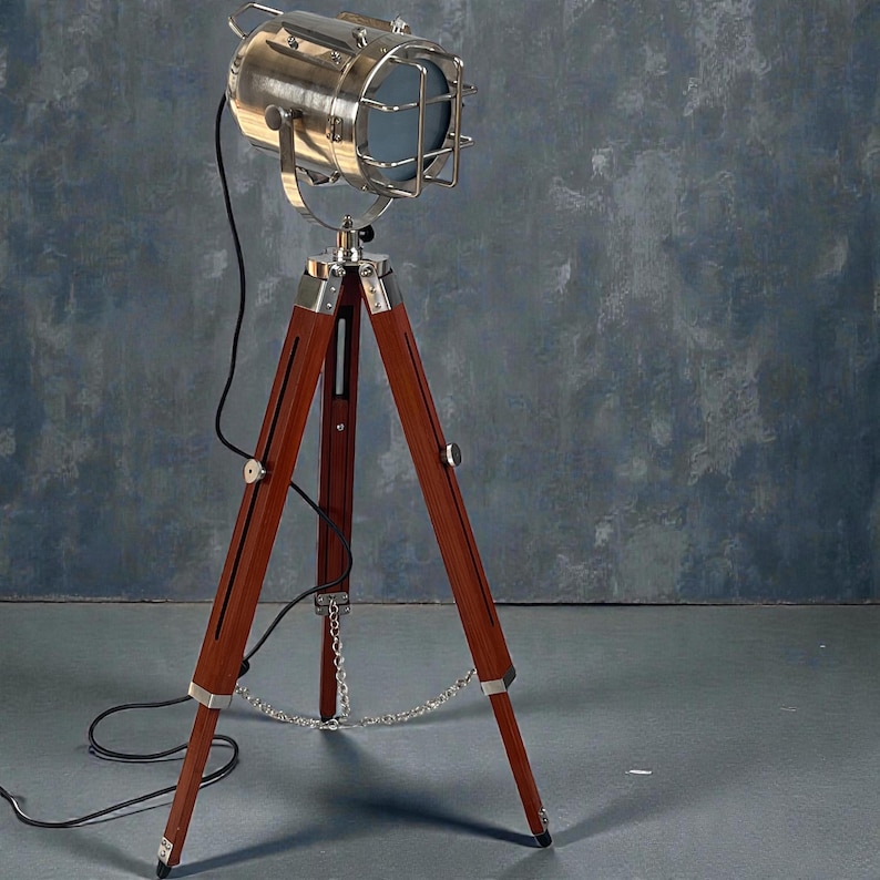 Chrome Spotlight on Wooden Tripod view 7