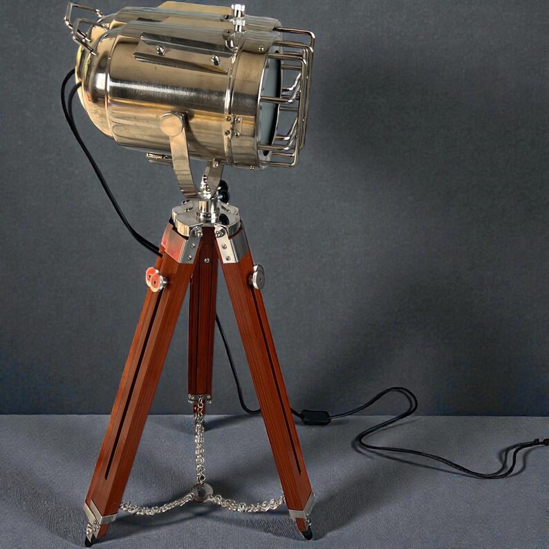 Chrome Spotlight on Wooden Tripod view 9