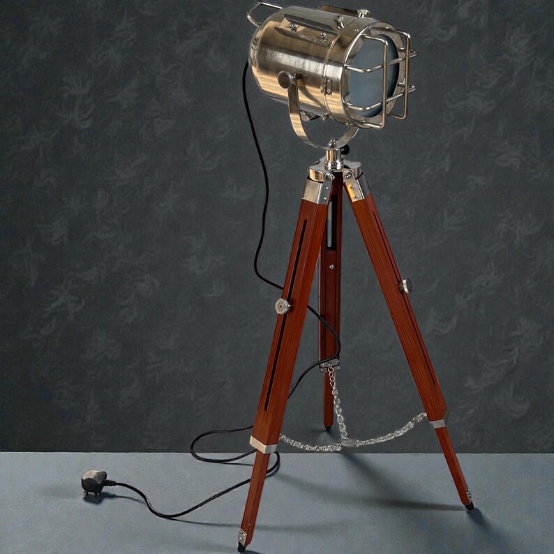 Chrome Spotlight on Wooden Tripod view 10