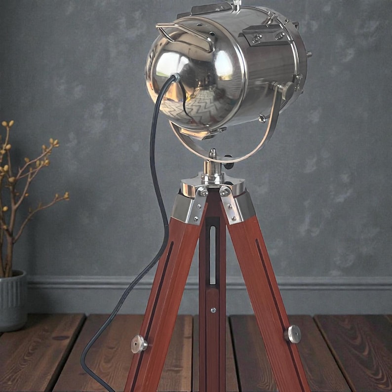 Chrome Spotlight on Wooden Tripod view 12