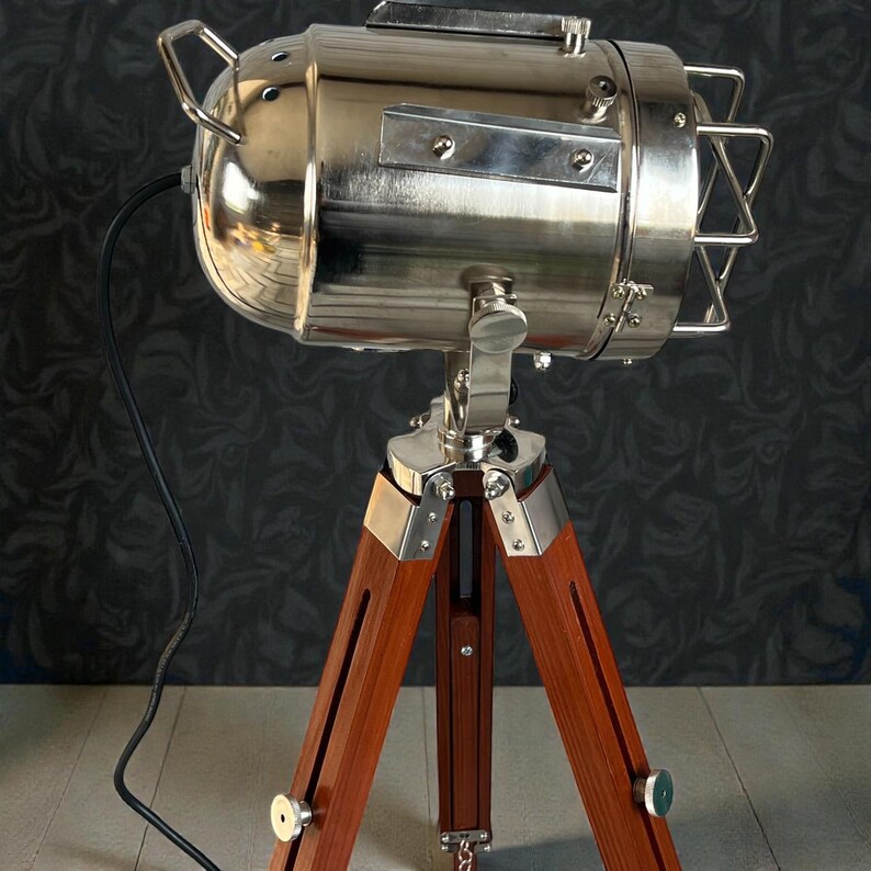 Chrome Spotlight on Wooden Tripod view 13