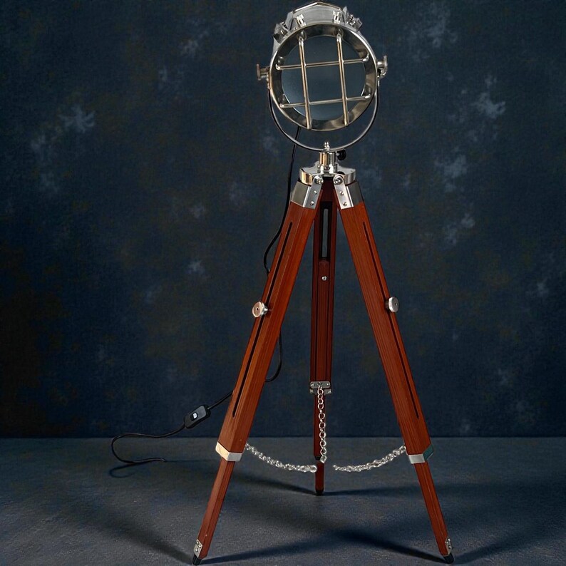 Chrome Spotlight on Wooden Tripod view 17